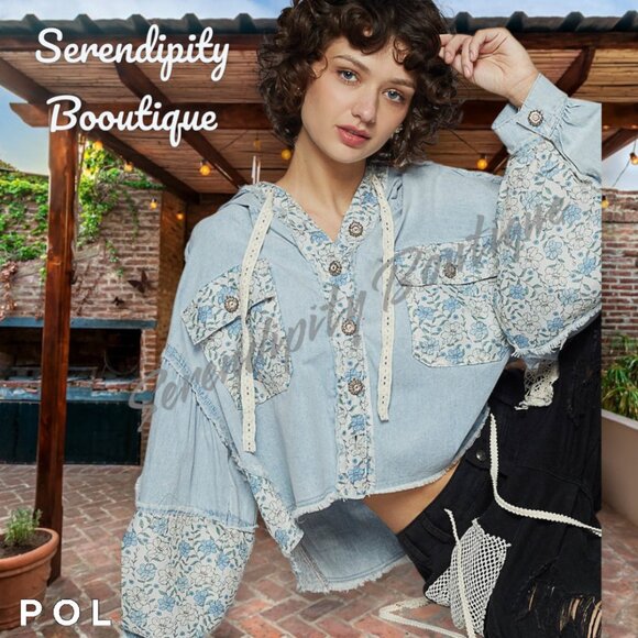 POL Perfect Hoodie Lightweight Denim Twill Button Up Baggy Drop Shoulder Jacket - Picture 1 of 11